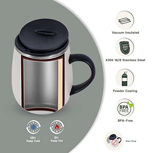Ideus 16oz Coffee Mug: Stainless Steel, Vacuum Insulated, Non-Slip Handle, Slider Lid - Snow Mountain White