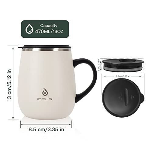 Ideus 16oz Coffee Mug: Stainless Steel, Vacuum Insulated, Non-Slip Handle, Slider Lid - Snow Mountain White