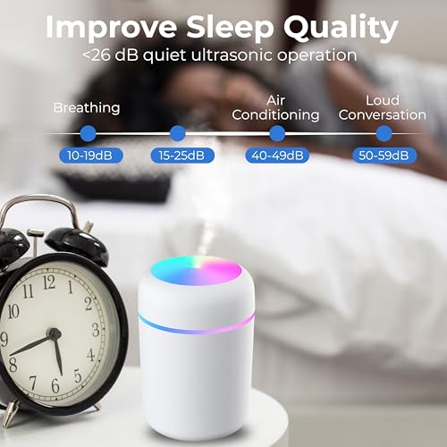 Lizzy Portable Mini Humidifier 300ml for Bedroom | Colorful Cycling Light, 2 Mist Modes, Auto Shut-Off | Whisper-Quiet | Home, Office, Car