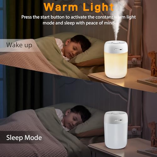 Kissleaf Mini Room Humidifier 650ml: Quiet Baby Air Humidifier for Bedroom, Children, Plants - Long-lasting 15H - Warm Light