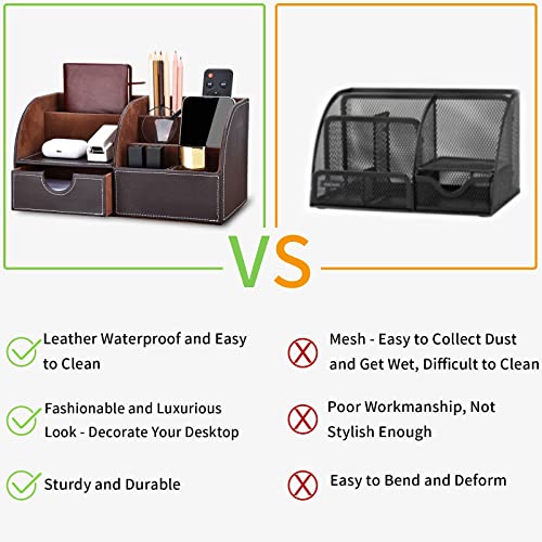 KINGFOM Leather Desk Organizer: Pen Pencil Holder Stationery Storage Box, Brown, Office Essentials