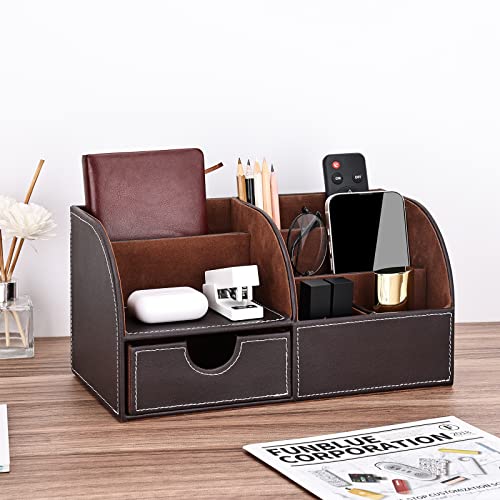 KINGFOM Leather Desk Organizer: Pen Pencil Holder Stationery Storage Box, Brown, Office Essentials