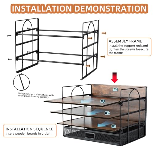 Vintage Wood Desk File Organizer with Drawer, 4-Tier Paper Tray