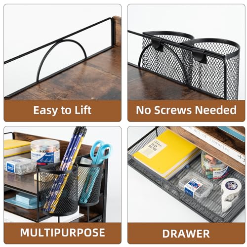 Vintage Wood Desk File Organizer with Drawer, 4-Tier Paper Tray