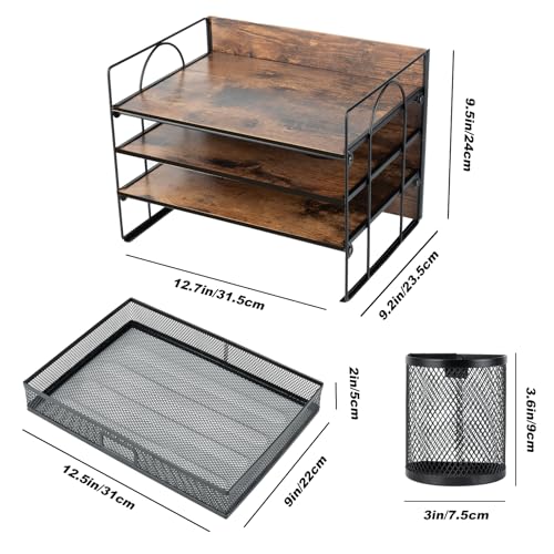 Vintage Wood Desk File Organizer with Drawer, 4-Tier Paper Tray