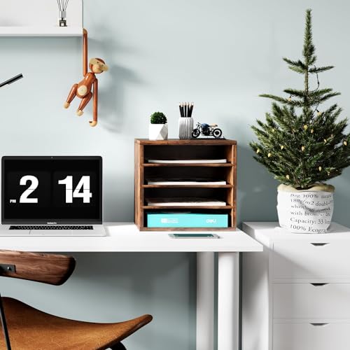 Senhoglb Wood Filing Trays 4 Compartments A4 Paper Organizer - Sturdy Desktop File Holder for Office, School, Home - Adjustable Shelf