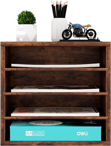 Senhoglb Wood Filing Trays 4 Compartments A4 Paper Organizer - Sturdy Desktop File Holder for Office, School, Home - Adjustable Shelf