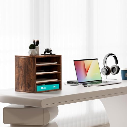 Senhoglb Wood Filing Trays 4 Compartments A4 Paper Organizer - Sturdy Desktop File Holder for Office, School, Home - Adjustable Shelf