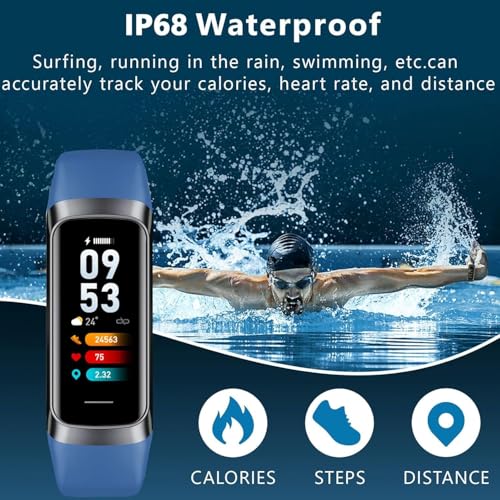 Brand Fitness Tracker: Heart Rate, Step Counter, 25 Sport Modes, IP68 Waterproof, 1.1" AMOLED Touch Screen - Android/iOS (Blue)