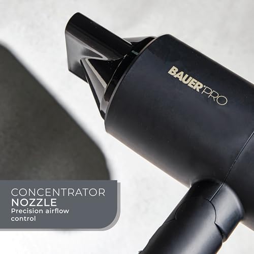 Bauer Ion FlowX Hair Dryer: Professional Ionic, 2 Speeds, 3 Heat Settings, Cool Shot, Concentrator Nozzle, Foldable - Travel Friendly