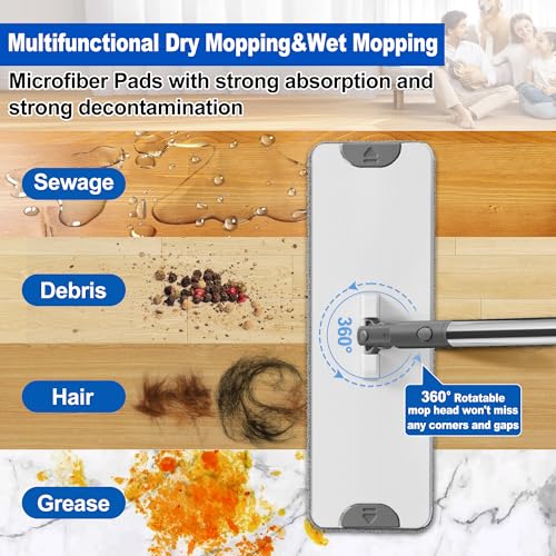 ILAVCLEAN Flat Head Floor Mop Set: 6 Reusable Pads for Dry Wet Cleaning - Housewife Dust Mop for Home, Bathroom, Kitchen