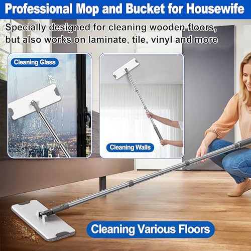 ILAVCLEAN Flat Head Floor Mop Set: 6 Reusable Pads for Dry Wet Cleaning - Housewife Dust Mop for Home, Bathroom, Kitchen