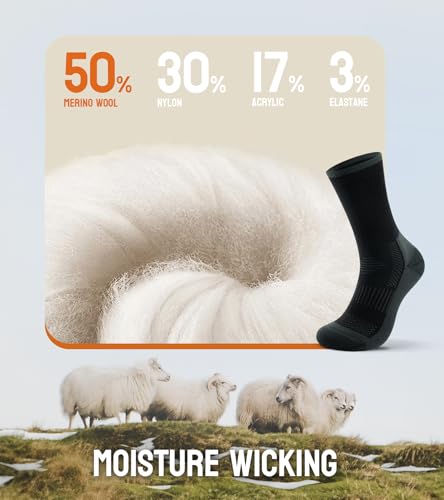 TANSTC Merino Wool Thermal Socks for Men - Warm Winter Crew Hiking Socks with Moisture Wicking - 3 Pairs, Black