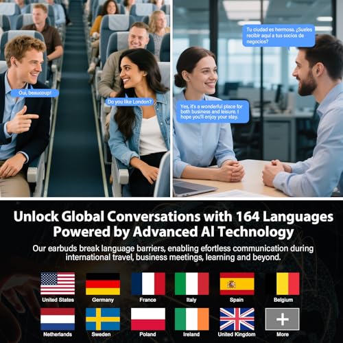 Translator Earbuds: Real-time Translation, 164 Languages, 48H Battery, Bluetooth 5.4