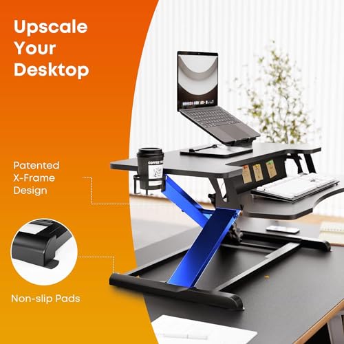 PUTORSEN Standing Desk Converter: 37'' Dual Tiered Sit-Stand Riser, Adjustable Workstation with Keyboard Tray, Cup Holder & Note Board