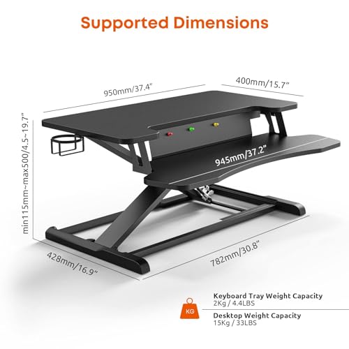 PUTORSEN Standing Desk Converter: 37'' Dual Tiered Sit-Stand Riser, Adjustable Workstation with Keyboard Tray, Cup Holder & Note Board