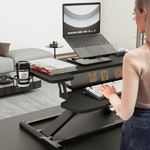 PUTORSEN Standing Desk Converter: 37'' Dual Tiered Sit-Stand Riser, Adjustable Workstation with Keyboard Tray, Cup Holder & Note Board