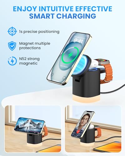 JoyGeek Wireless Charger Stand with Night Lights for iPhone & AirPods, Magnetic Dock for Apple Watch, Foldable Design - Black