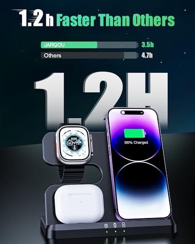 JARGOU 3-in-1 Wireless Charger for iPhone & Apple Watch, Fast Charging Stand for AirPods - Compatible with iPhone 11-16, Apple Watch Series 4-10