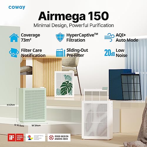 COWAY Air Purifier: Quiet 20dB Sleep Mode, Removes 99.999% Allergens - Airmega 150