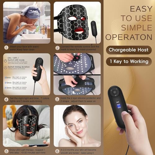 Beauty Reusable LED Light Therapy Facial Mask for Glowing Skin, Anti-Aging & Hydration - 3 Light Modes, Remote Control