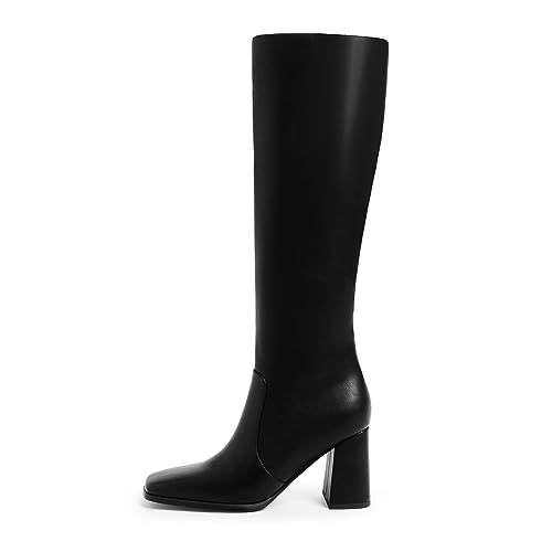 Modatope Women's Chunky Heel Knee High Boots, Square Toe, Side Zipper