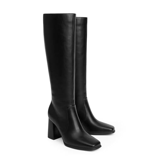 Modatope Women's Chunky Heel Knee High Boots, Square Toe, Side Zipper