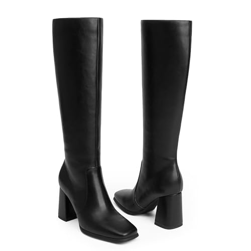 Modatope Women's Chunky Heel Knee High Boots, Square Toe, Side Zipper