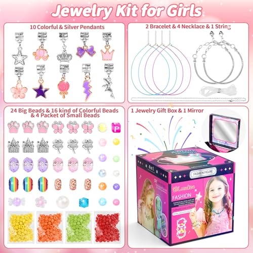 BLmukce Girls Charm Bracelet Making Kit: DIY Jewelry & Craft Set with Beads, Charms & Necklace Supplies - Ages 8-12 - Gift Box for Kids 4-8