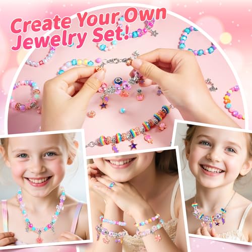 BLmukce Girls Charm Bracelet Making Kit: DIY Jewelry & Craft Set with Beads, Charms & Necklace Supplies - Ages 8-12 - Gift Box for Kids 4-8