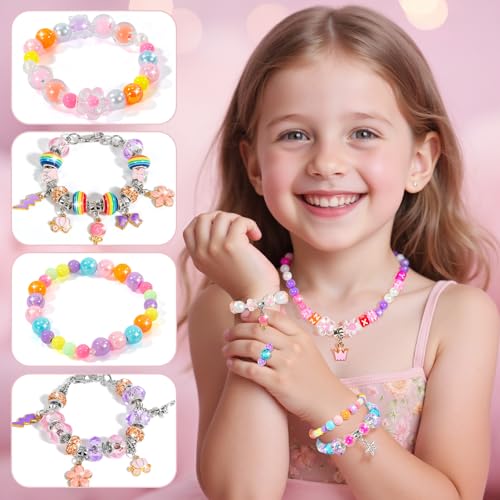 BLmukce Girls Charm Bracelet Making Kit: DIY Jewelry & Craft Set with Beads, Charms & Necklace Supplies - Ages 8-12 - Gift Box for Kids 4-8