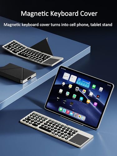 Portable Wireless Keyboard with Touchpad for iPad Tablet - Foldable Bluetooth, Pocket-Sized, PU Leather Cover - iOS, Android, Windows