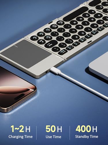 Portable Wireless Keyboard with Touchpad for iPad Tablet - Foldable Bluetooth, Pocket-Sized, PU Leather Cover - iOS, Android, Windows