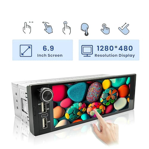 Brand Single Din Car Stereo, Wireless Apple CarPlay & Android Auto, 6.9" Touch Screen, Bluetooth Receiver, Reverse Camera