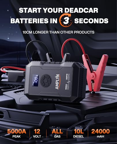 Portable Car Battery Jump Starter 5000A with Air Compressor - Fast Charging, 3 Mode Light - All Gas/10L Diesel - 12V Jump Box