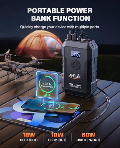 Portable Car Battery Jump Starter 5000A with Air Compressor - Fast Charging, 3 Mode Light - All Gas/10L Diesel - 12V Jump Box