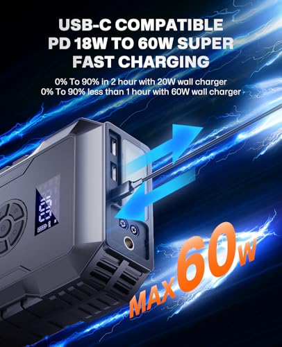 Portable Car Battery Jump Starter 5000A with Air Compressor - Fast Charging, 3 Mode Light - All Gas/10L Diesel - 12V Jump Box