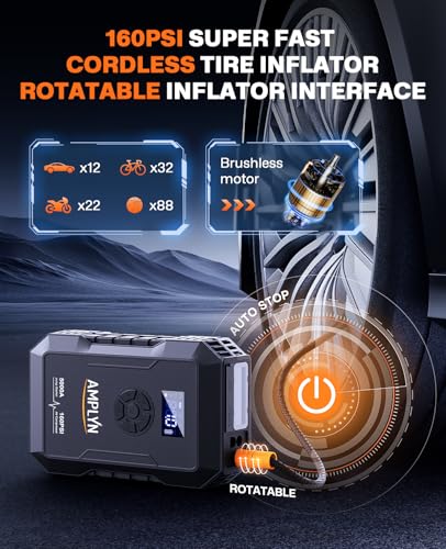 Portable Car Battery Jump Starter 5000A with Air Compressor - Fast Charging, 3 Mode Light - All Gas/10L Diesel - 12V Jump Box