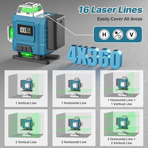 Kevsuvqin Laser Level: Self Leveling, 4x360 Lazer Tool, 16 Green Lines, LED Display, IP54 Waterproof