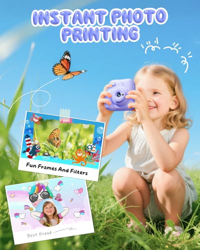 CAMCLID Kids Instant Print Camera, 1080P, 32G Card, 3 Rolls Paper, Childrens Toy Christmas Birthday Gifts 3-12 Year Olds Girls Boys