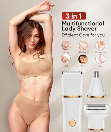 Waterproof 3-in-1 Lady Shaver for Women - Rechargeable, Painless Electric Foil Shaver - Body, Arms, Legs - Wet/Dry - Nose Trimmer
