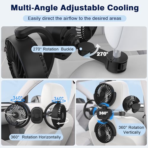 Car Fan: Rechargeable Dual-Head USB Cooling, 360° Rotation, 3-Speed, 16H Runtime - Baby Backseat Ventilation Cooler