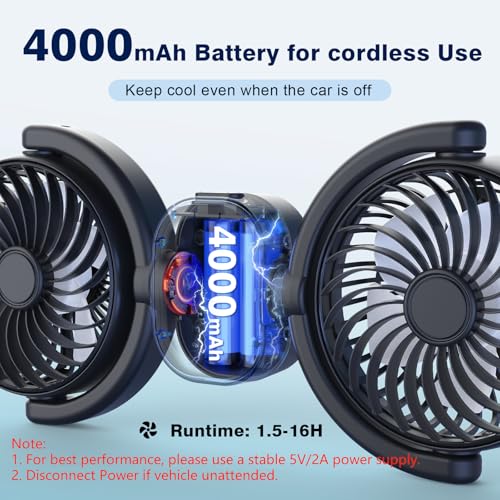 Car Fan: Rechargeable Dual-Head USB Cooling, 360° Rotation, 3-Speed, 16H Runtime - Baby Backseat Ventilation Cooler
