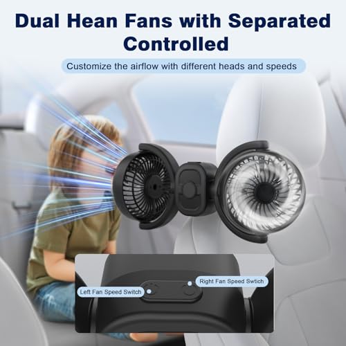 Car Fan: Rechargeable Dual-Head USB Cooling, 360° Rotation, 3-Speed, 16H Runtime - Baby Backseat Ventilation Cooler