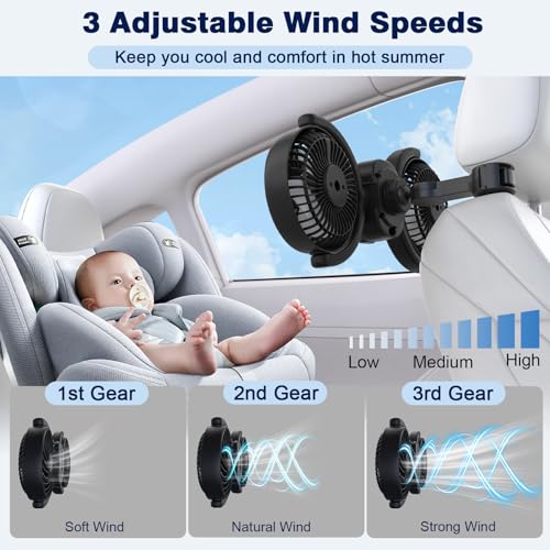 Car Fan: Rechargeable Dual-Head USB Cooling, 360° Rotation, 3-Speed, 16H Runtime - Baby Backseat Ventilation Cooler