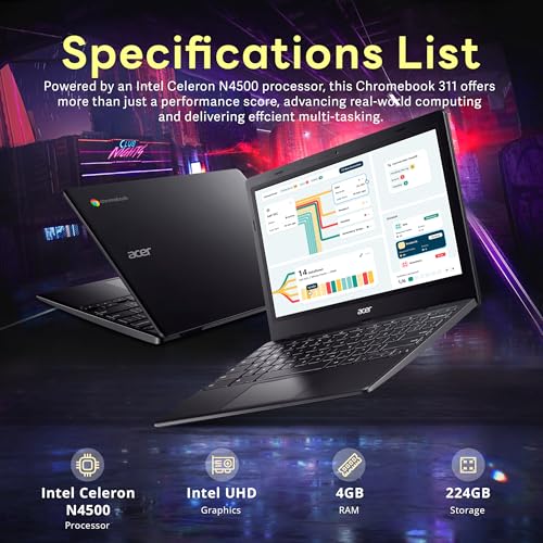Acer Chromebook 311 11.6 inch Laptop, Intel Celeron, UHD Graphics, 4GB RAM, 224GB Storage, Chrome OS, Wi-Fi 5