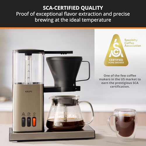 KRUPS 8 Cup Drip Coffee Maker, SCA-Certified, Blooming Tech, Barista-Quality, Pour Over, Easy Clean, Stainless Steel Design