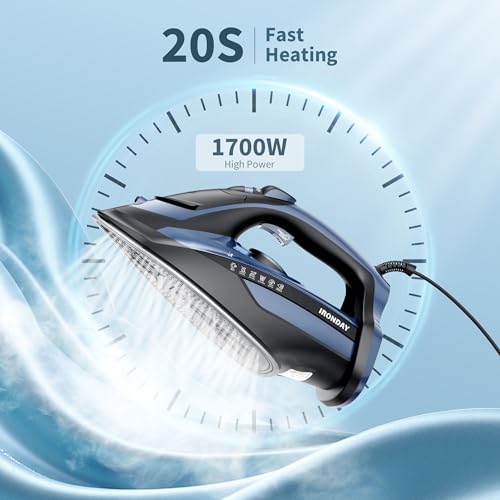 Fast Heating 1700W Steam Iron: Precision Thermostat, Ceramic Soleplate, Auto shutoff - Burst Steam, Self-Cleaning - Ironing Clothes at Home