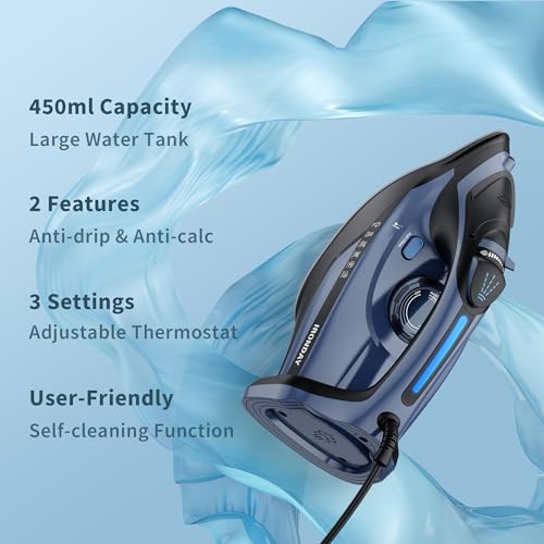 Fast Heating 1700W Steam Iron: Precision Thermostat, Ceramic Soleplate, Auto shutoff - Burst Steam, Self-Cleaning - Ironing Clothes at Home