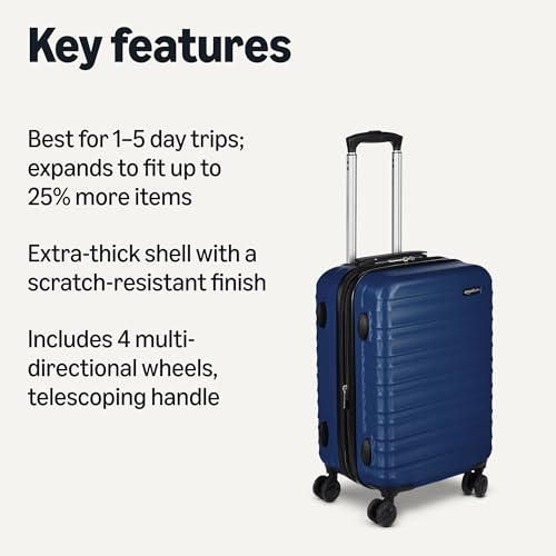 Amazon Basics Hardside Carry-On Luggage 21 inch, Expandable, Scratch-Resistant, Multi-directional Wheels, Navy Blue